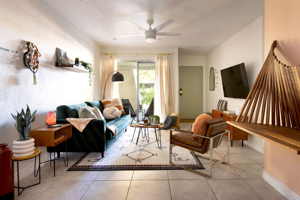 Living room detail with terracotta accents and smart storage